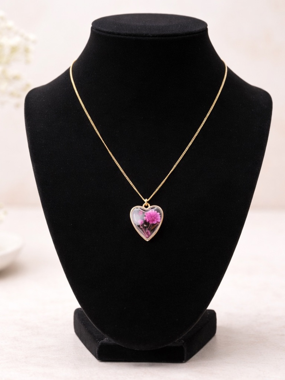 Handmade Gold Heart Pendant Necklace with Pink Flower Accent - Women Jewelry